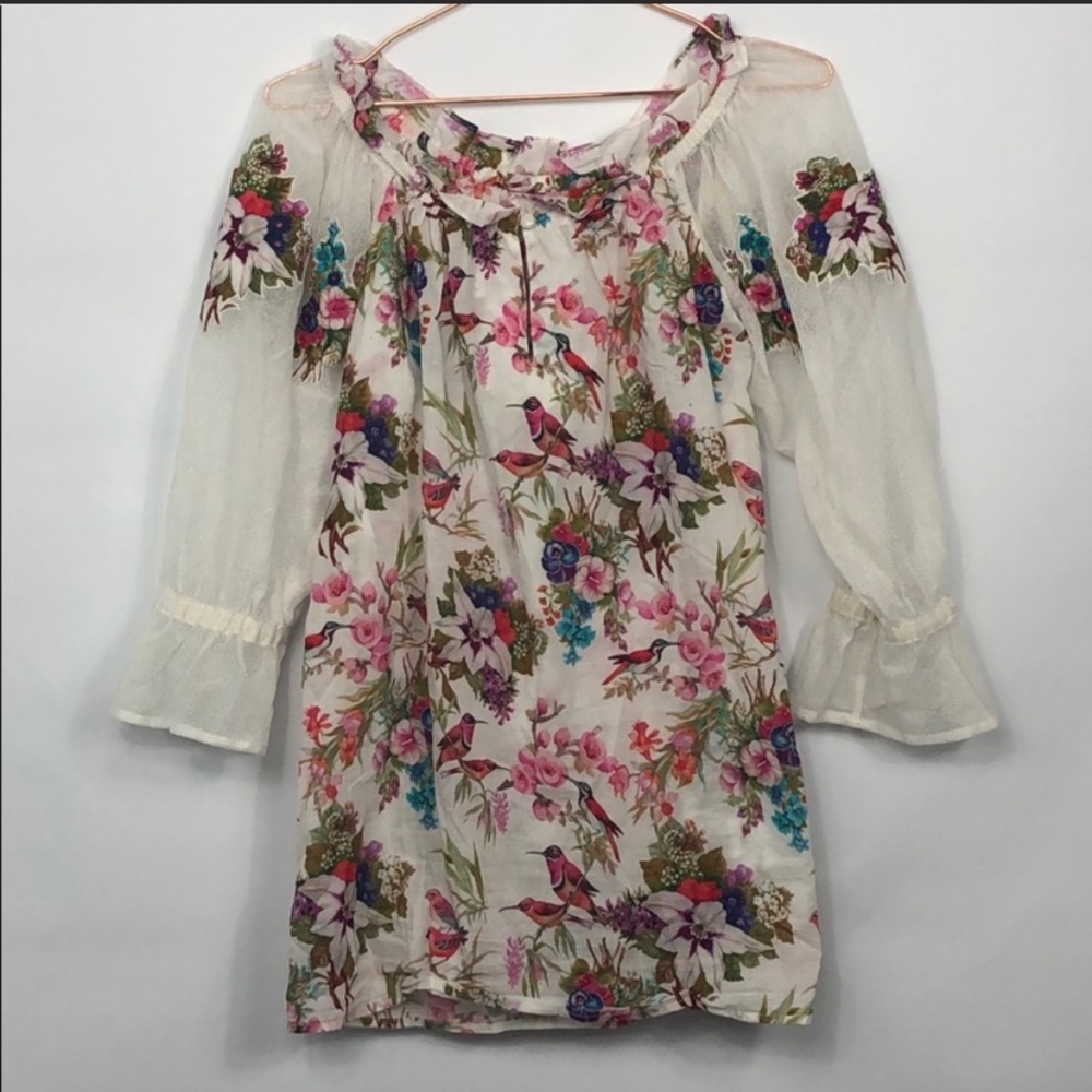 Roja vibrant floral/bird print mesh sleeve tunic.